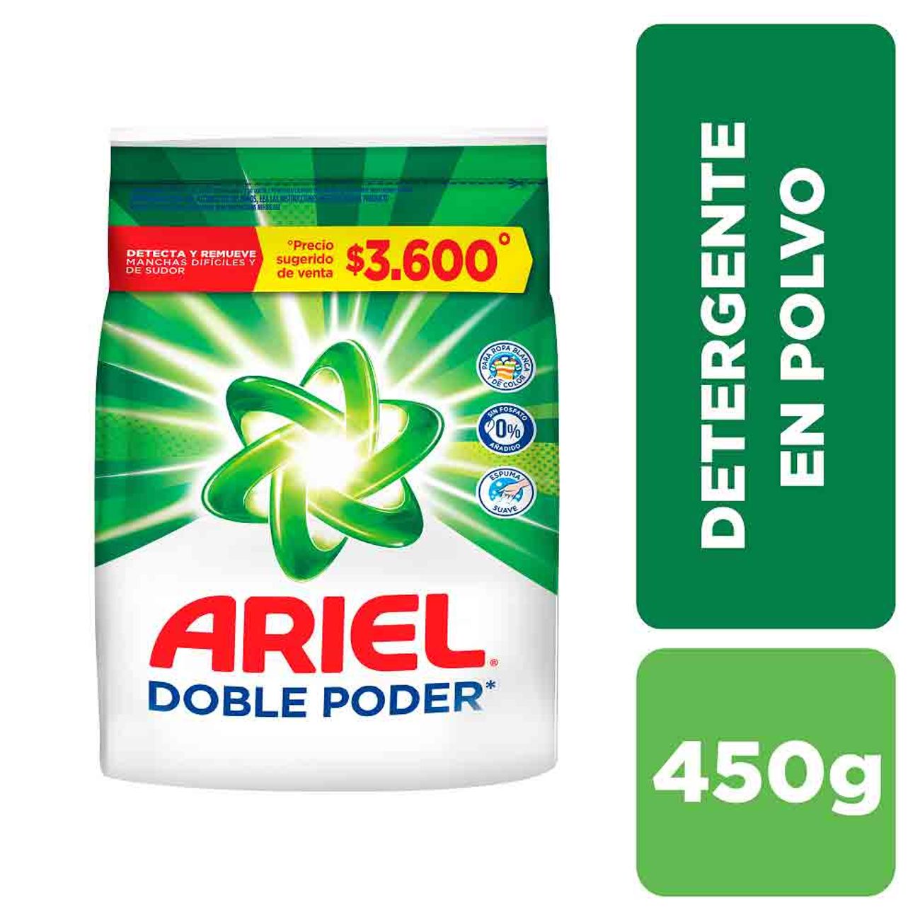 Imagen de una bolsa de detergente Ariel - Verde con blanco